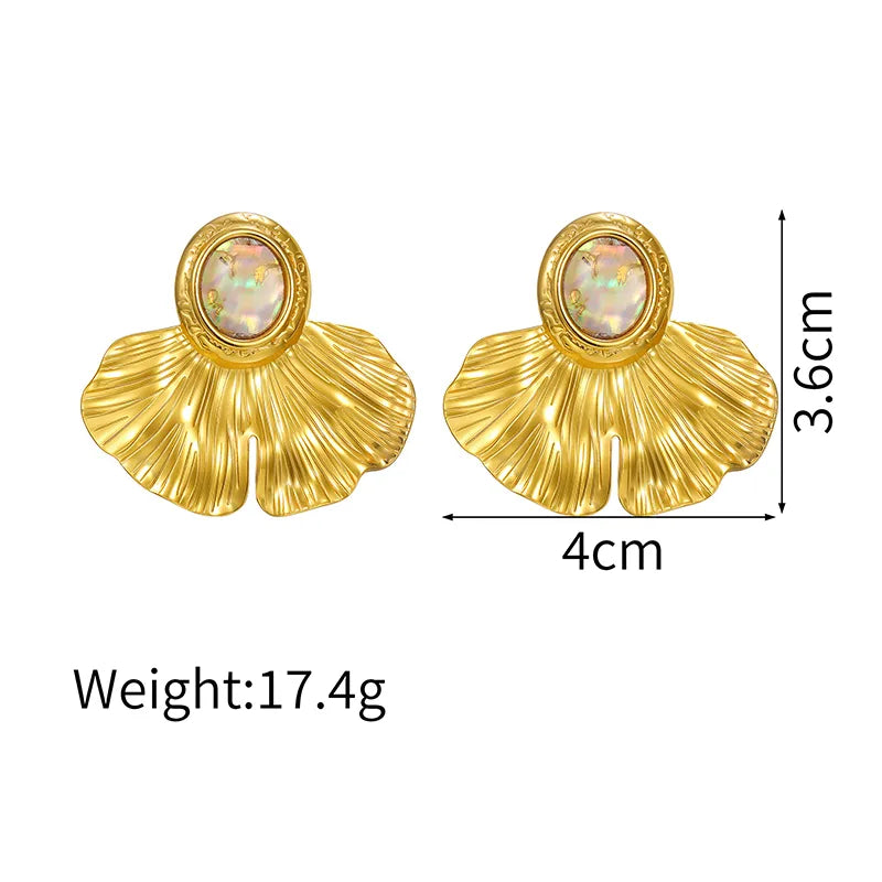 18K Gold Plated 304 Stainless Steel Vacuum Electroplating (In Furnace) 18K Gold Ginkgo Leaf Texture 3D Oval Earrings Trendy Earrings For Women