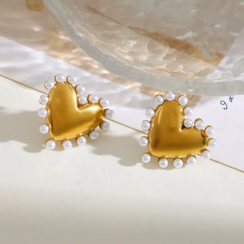 18K Gold Plated 304 Stainless Steel Vacuum Electroplating (In Furnace) Artificial Pearl Heart-shaped Electroplated Earrings For Women Valentine's Day Daily Selfie Festival