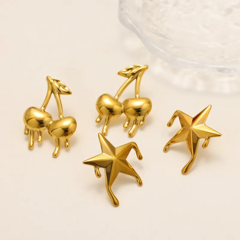 18K Gold Plated 304 Stainless Steel Vacuum Electroplating (In Furnace) Five-Pointed Star Cherry Simple Style Earrings For Women