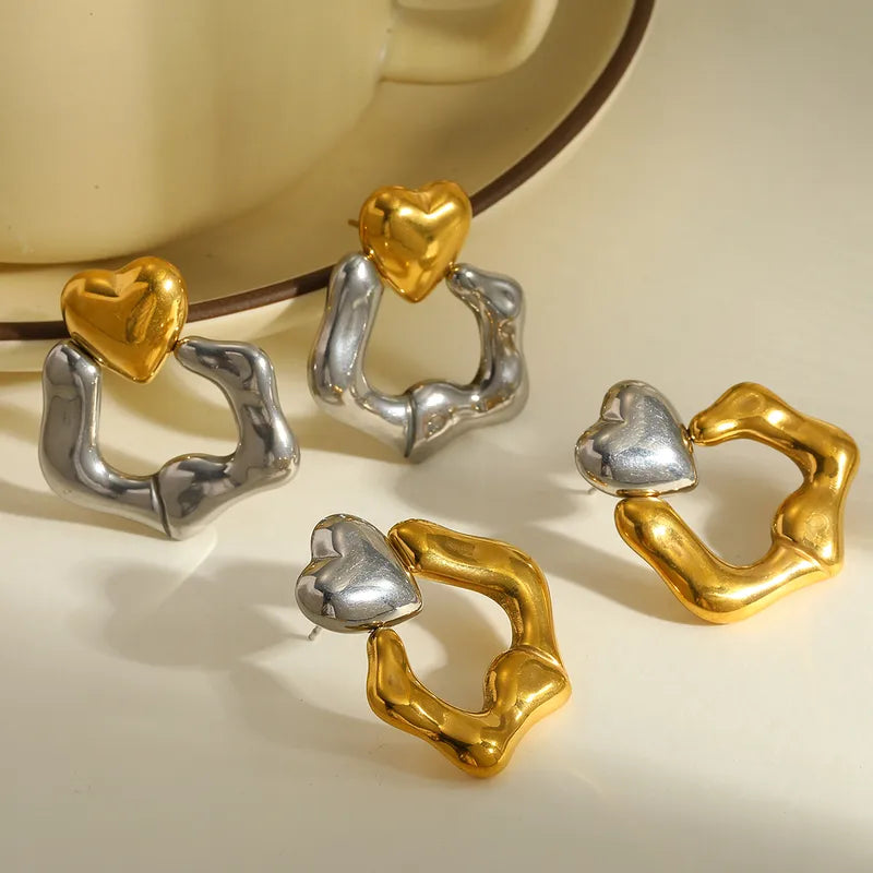 18K Gold Plated 304 Stainless Steel Vacuum Electroplating (In Furnace) Heart Shape Mixed Color (Jewelry Metal Contrast Color) Classic Earrings For Women Mexican Independence Day Valentine's Day