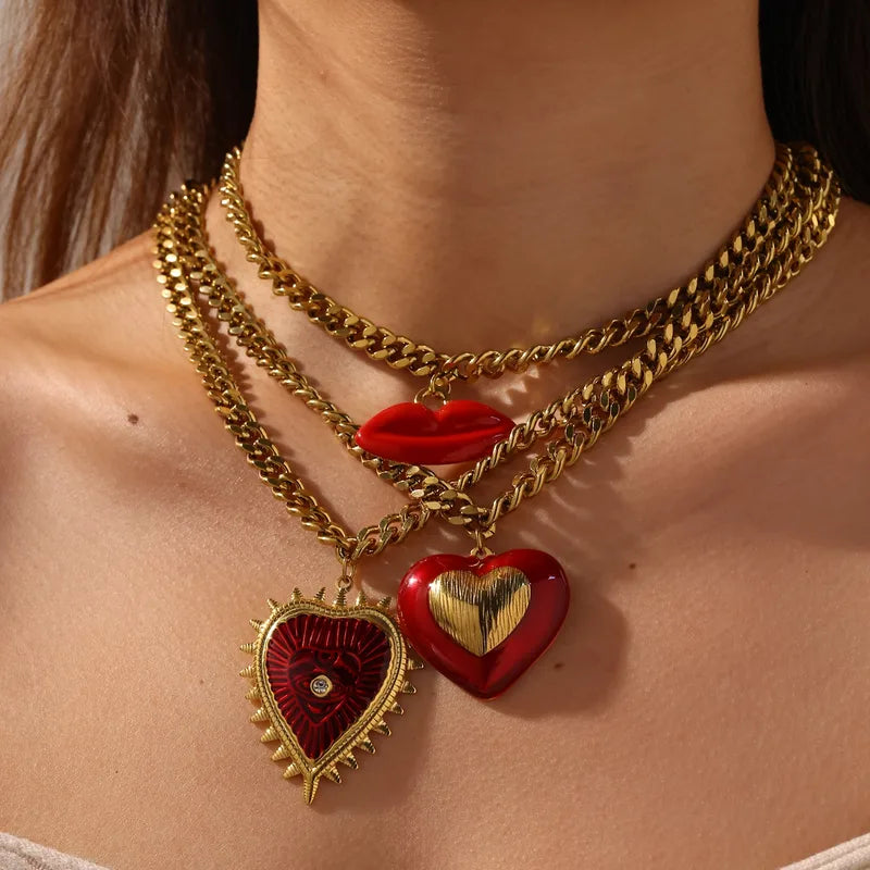 18K Gold Plated 304 Stainless Steel Vacuum Electroplating (In Furnace) Lip Heart Shape Oil Drop Cuban Chain/Curb Chain Pendant Necklace For Women Valentine's Day