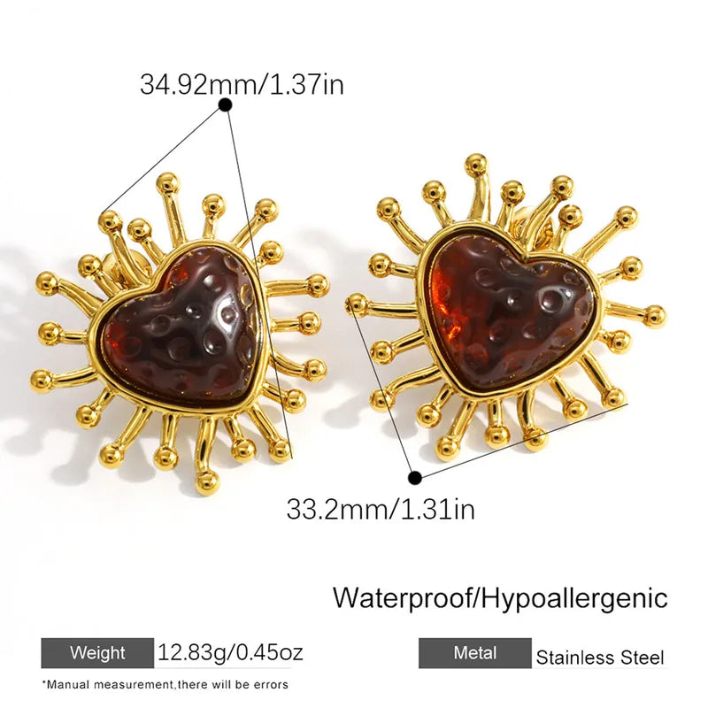 18K Gold Plated 304 Stainless Steel Vacuum Electroplating (In Furnace) Resin Heart-Shaped Earrings For Women Valentine's Day