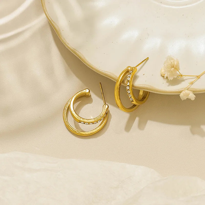 18K Gold Plated 304 Stainless Steel Vacuum Electroplating (In Furnace) Zircon C-shaped Minimalist Stud Earrings