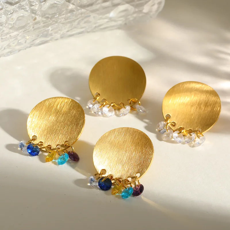 18K Gold Plated 304 Stainless Steel Vacuum Electroplating (In Furnace) Zircon Geometric Brushed Earrings For Women's Birthday Party