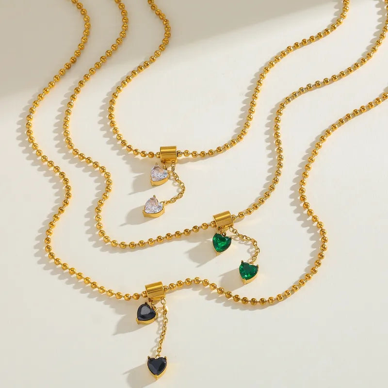 18K Gold Plated 304 Stainless Steel Vacuum Electroplating (In Furnace) Zircon Heart-Shaped Ball Chain Pendant Necklace For Women Valentine's Day