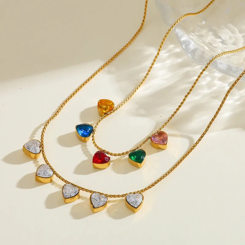 18K Gold Plated 304 Stainless Steel Vacuum Electroplating (In Furnace) Zircon Heart-Shaped Braided Chain Multi-Pendant Necklace For Women Valentine's Day