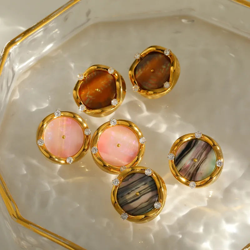 18K Gold Plated 304 Stainless Steel Vacuum Electroplating (In Furnace) Zircon Round Vintage Earrings For Women