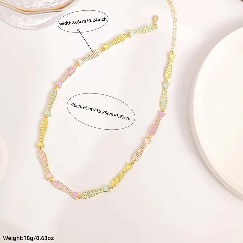 18K Gold Plated Adjustable Fishbone Necklace Enamel Drip Colorful Jewelry Collarbone Chain Crystal Inlaid Copper