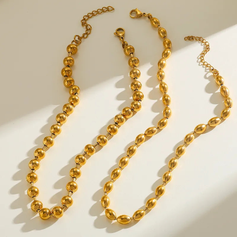 18K Gold Plated DIY Jewelry Accessories 304 Stainless Steel Furnace Vacuum Electroplating Gold Smooth Rice Beads Round Beads Chain Necklace Unisex