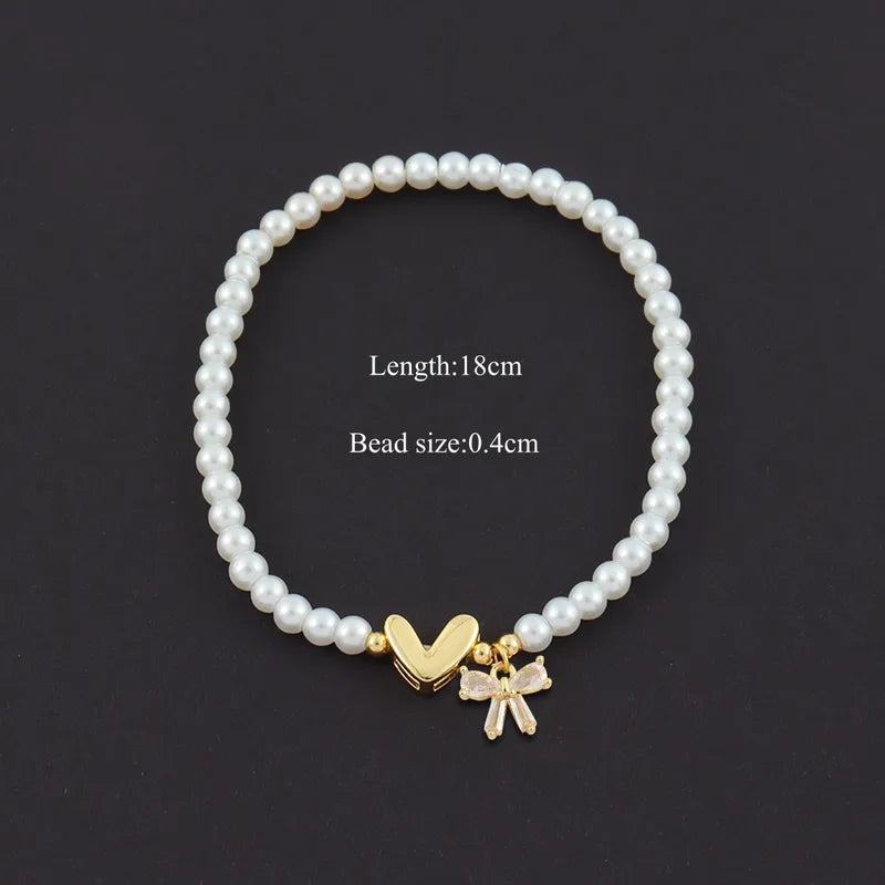 Classic Multi-Color Crystal Bowknot Heart-Shaped 18K Gold Plated Artificial Pearl Beaded Women's Bracelet Copper Chain Simple Style