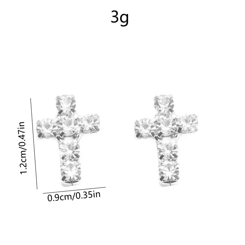 Cross Stud Earrings For Women With Electroplated Silver Plated Finish, Rhinestones Inlay And Claw Setting On Copper