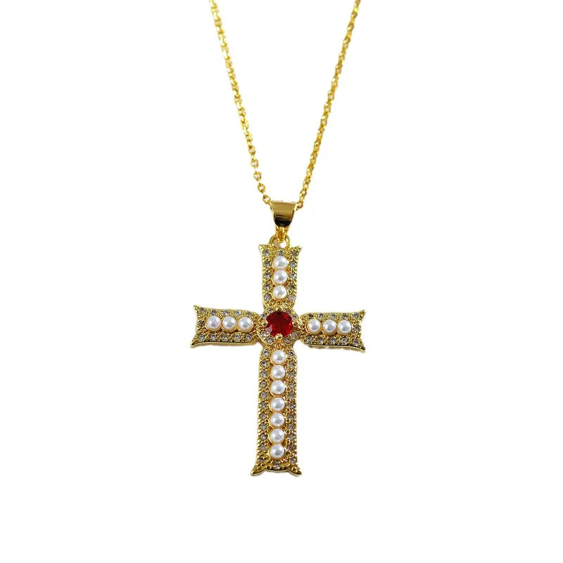 European Jewelry Copper Plated 18K Gold Zircon Cross Pendant Necklace Geometric Titanium Steel Women's Style