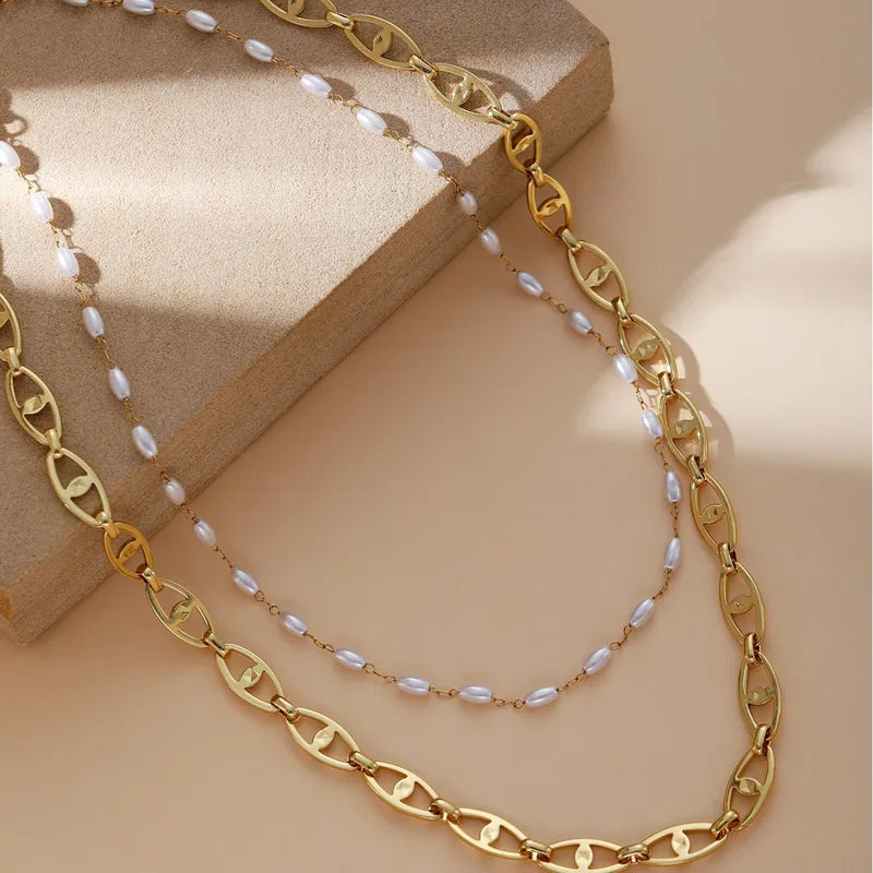 Fashion Layered Pearl Titanium Steel Necklace With Geometric Elements 18K Gold Plated Elegant Women's Jewelry Hip-Hop Style