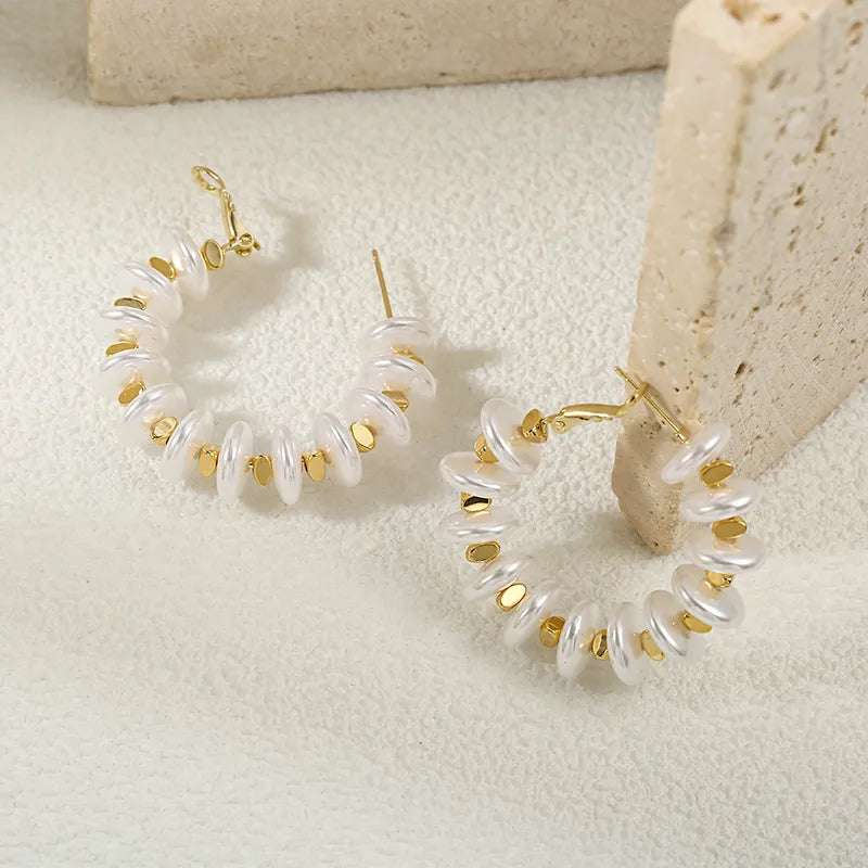 French Retro Baroque 18K Gold Plated Copper Vacuum Electroplated Flat Bead Round Hoop Earrings Artificial Pearl Waterproof Non-Fading For Women