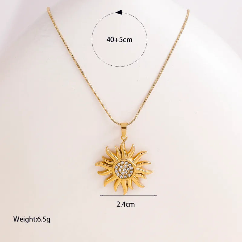 French Style 304 Stainless Steel Heart Pendant Necklace Vacuum Electroplated 18K Real Gold Zircon Necklace Sun Bow Titanium Steel Necklace