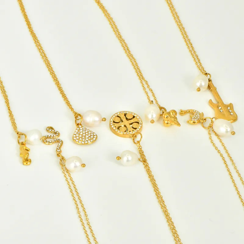 Freshwater Pearl Seahorse Guitar Snake Inlaid Diamond Pendant 304 Stainless Steel 18K Gold Plated Vacuum Electroplated Zircon Necklace For Women Waterproof Non-Fading