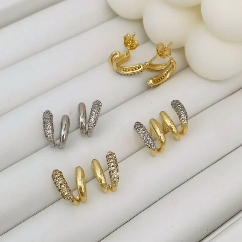 Geometric Asymmetric Micro Paved Zircon Earrings Minimalist Copper Alloy Women Jewelry