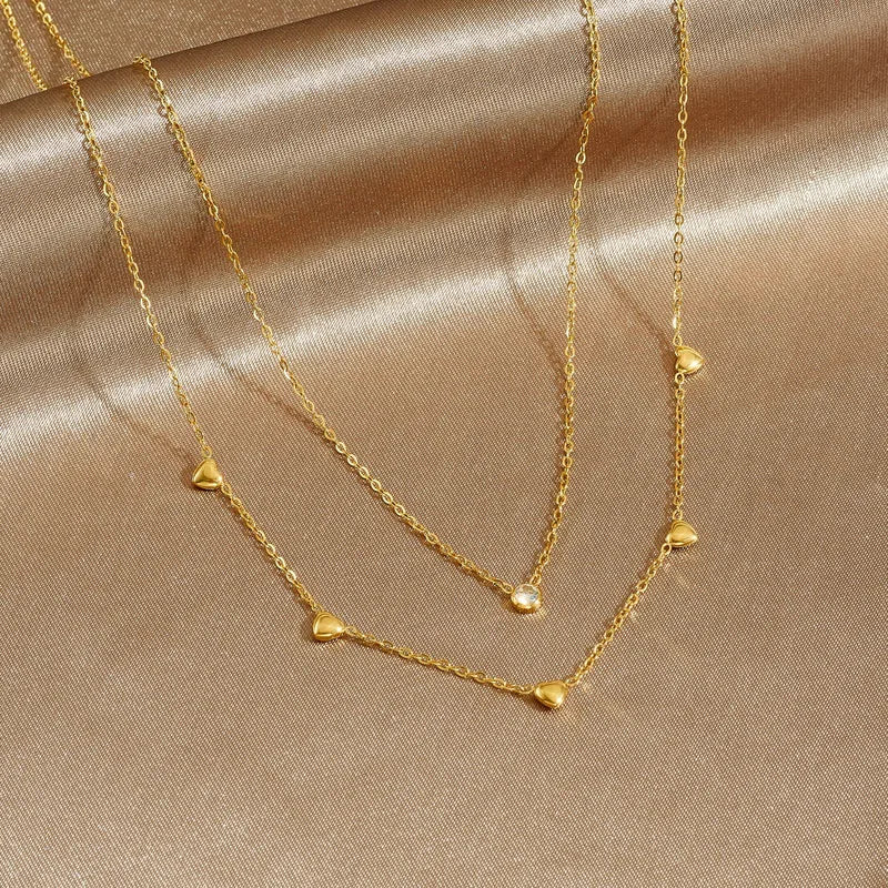Gold-Plated 304 Stainless Steel Double-Layer Stacked Heart-Shaped Pendant Necklace With Inlaid Diamonds, Waterproof And Non-Fading, Simple Style