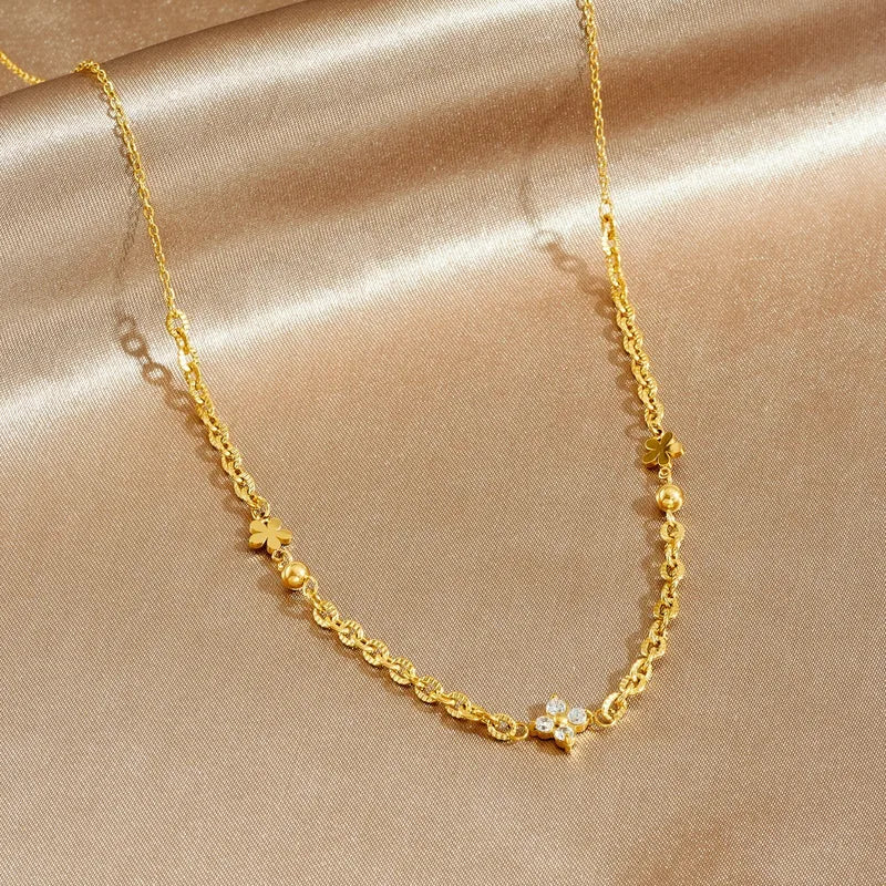 Irregular Chain 304 Stainless Steel Gold-Plated Inlaid Artificial Diamond Flower Pendant Necklace (Jewelry) Waterproof And Non-Fading