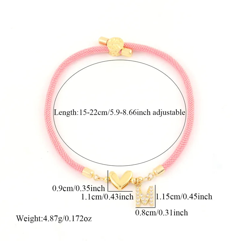 Micro Pave Zircon 18K Gold Plated Initial Heart Adjustable Women's Pink Bracelet Waterproof Non-Fading Pure Cord Drawstring Bracelet Nylon Copper Material