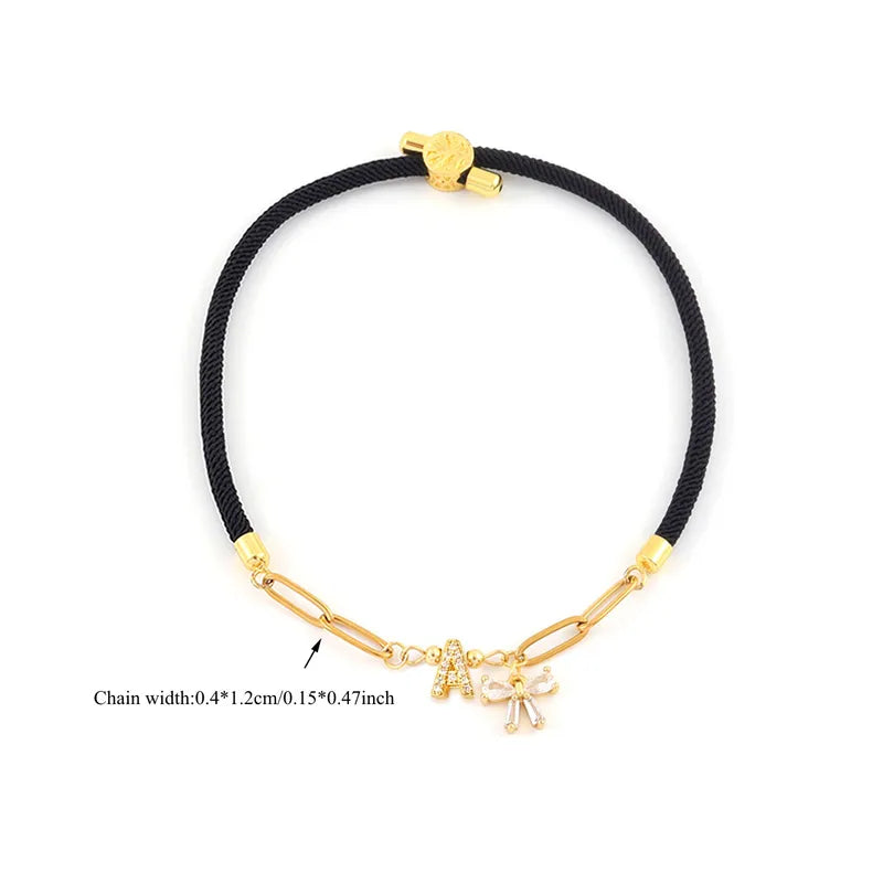 Minimalist Micro Pave Zirconia 18K Gold Plated Initial Bow Pendant Adjustable Women's Bracelet