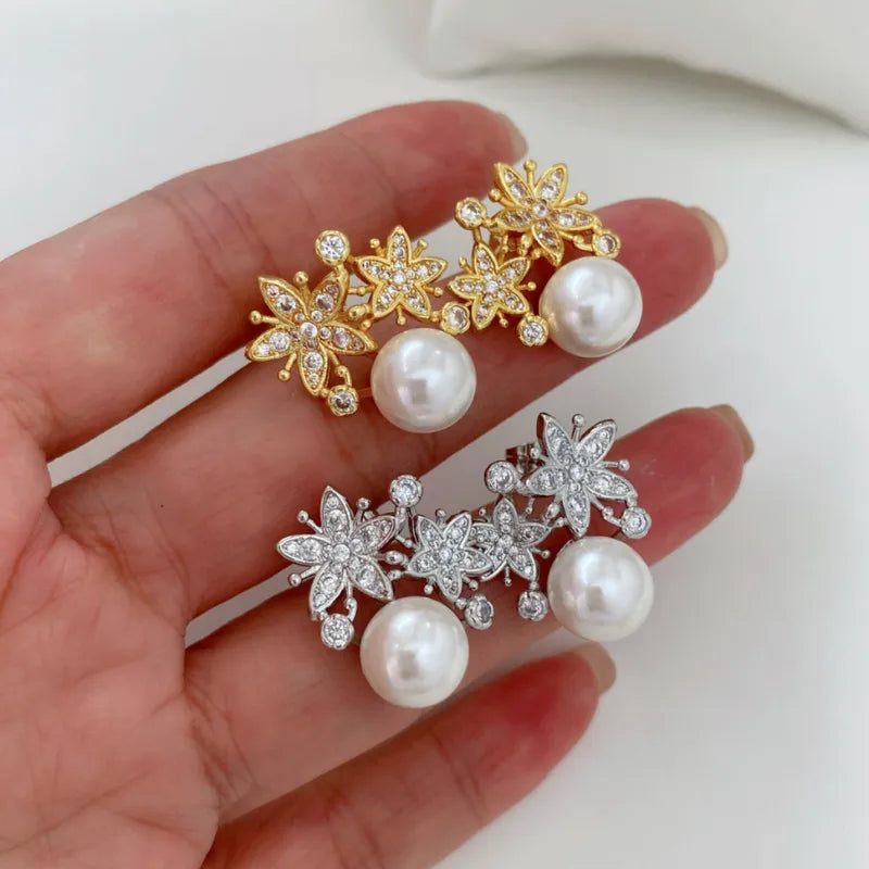 Pearl Zircon Flower Stud Earrings Set For Women Simple Rose Gold Earrings