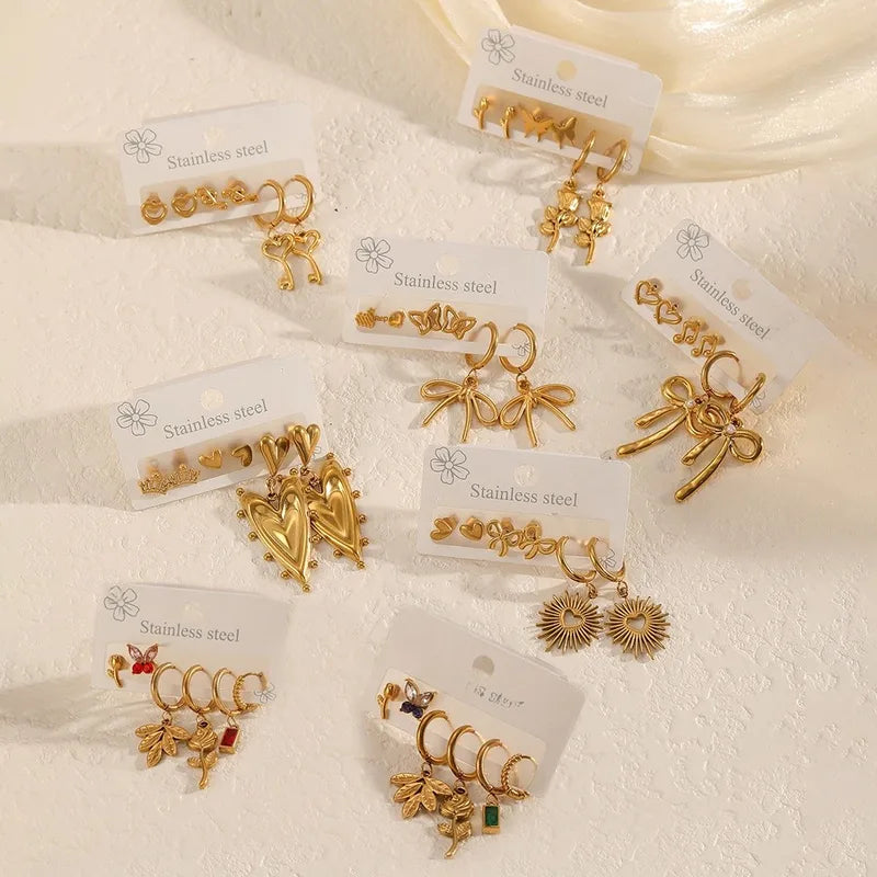 Rose Gold Plated Stainless Steel Heart Earrings Set Ladies Bowknot Ear Jewelry Minimalist With Quartz