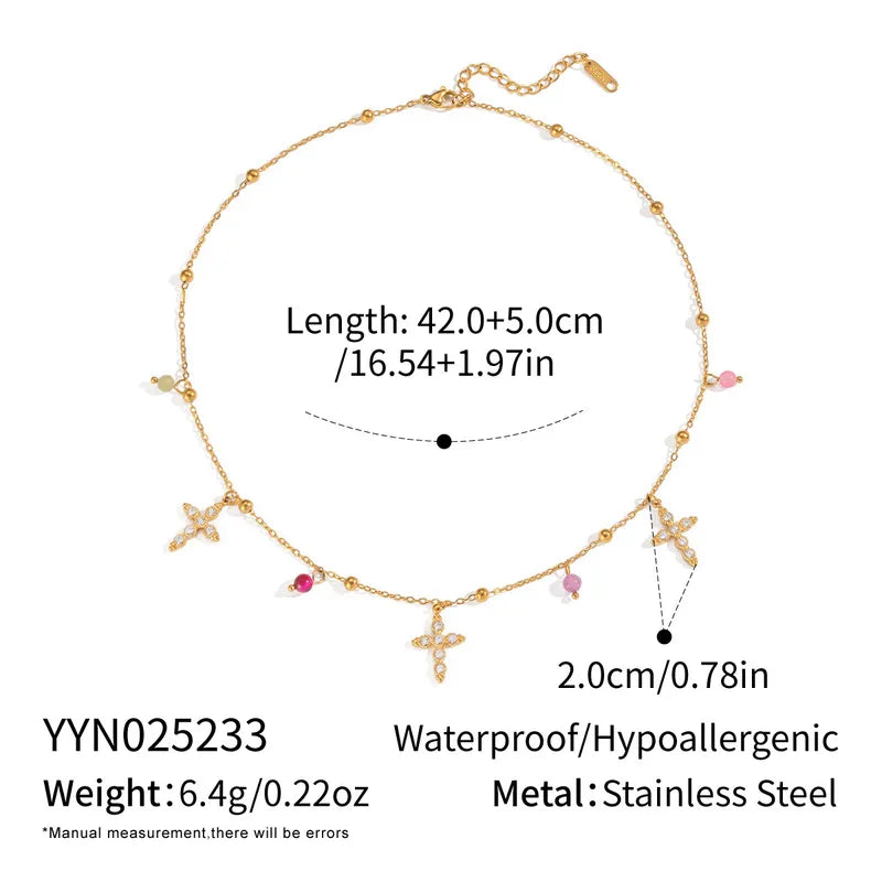 Simple Diamond Cross Pendant Natural Gemstone Inlaid Titanium Steel Necklace For Women Elegant Color Retention Geometric Pattern