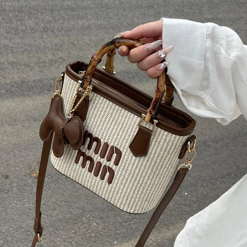 Spring Fashion Color Block Grass Woven Bamboo Node Bucket Bag Women's Crossbody Shoulder Bag Handbag Vegetable Basket Style