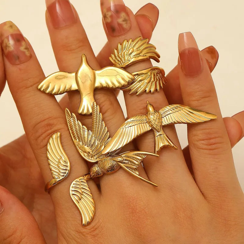 Stainless Steel Bird Of Peace Ring Open Design Winged Avian Personalized Retro 18K Gold Plated Fashion Jewelry For Women
