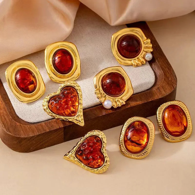 Stainless Steel Titanium Metal Pearl Amber Stone Earrings Ladies Geometric Earrings