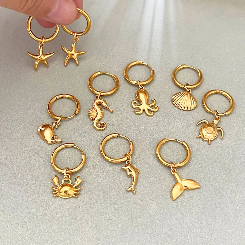 Titanium Steel Earrings For Women Simple Ocean Series Starfish And Whale Shell Inlaid Stainless Steel