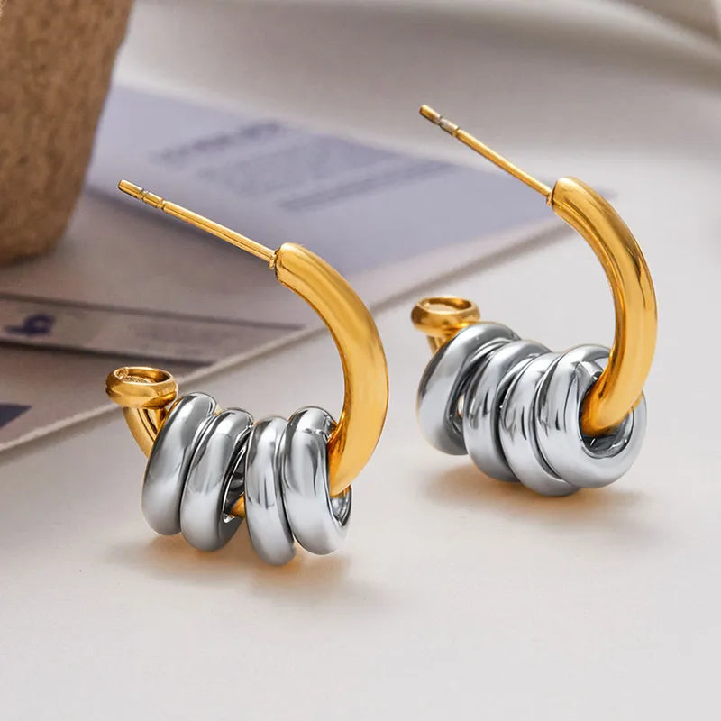 Vacuum Electroplating (In Furnace) Plated 18K Real Gold 304 Stainless Steel C-shaped Mixed Color (Jewelry Metal Contrast Color) Novel Design Earrings