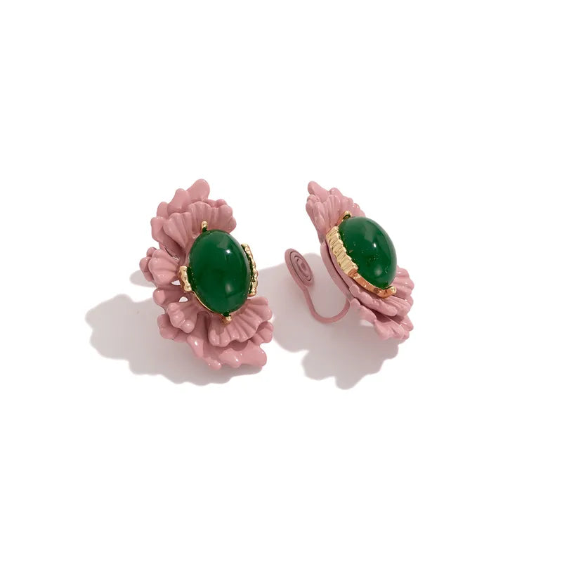 Vintage Green Earrings French Pink Flower Studs No Piercing Needed Vintage Courtship Earrings Women's Accessories