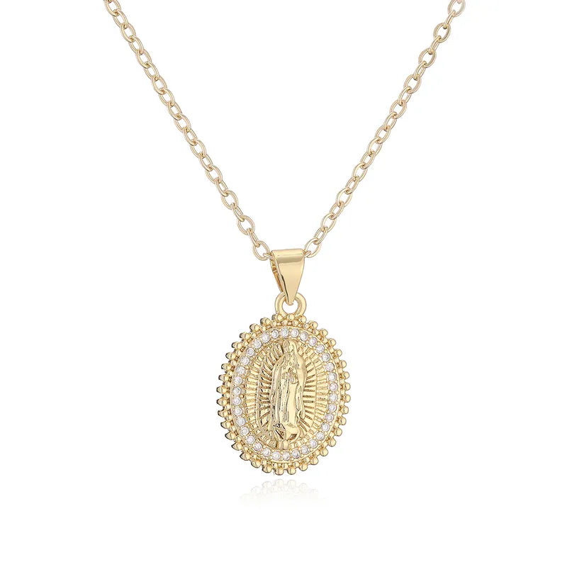 Vintage Water Plated 18K Gold Copper Inlaid Zircon Virgin Mary Oval Pendant Necklace For Women Retro Style
