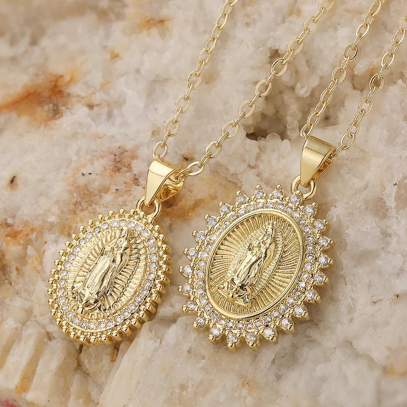 Vintage Water Plated 18K Gold Copper Inlaid Zircon Virgin Mary Oval Pendant Necklace For Women Retro Style