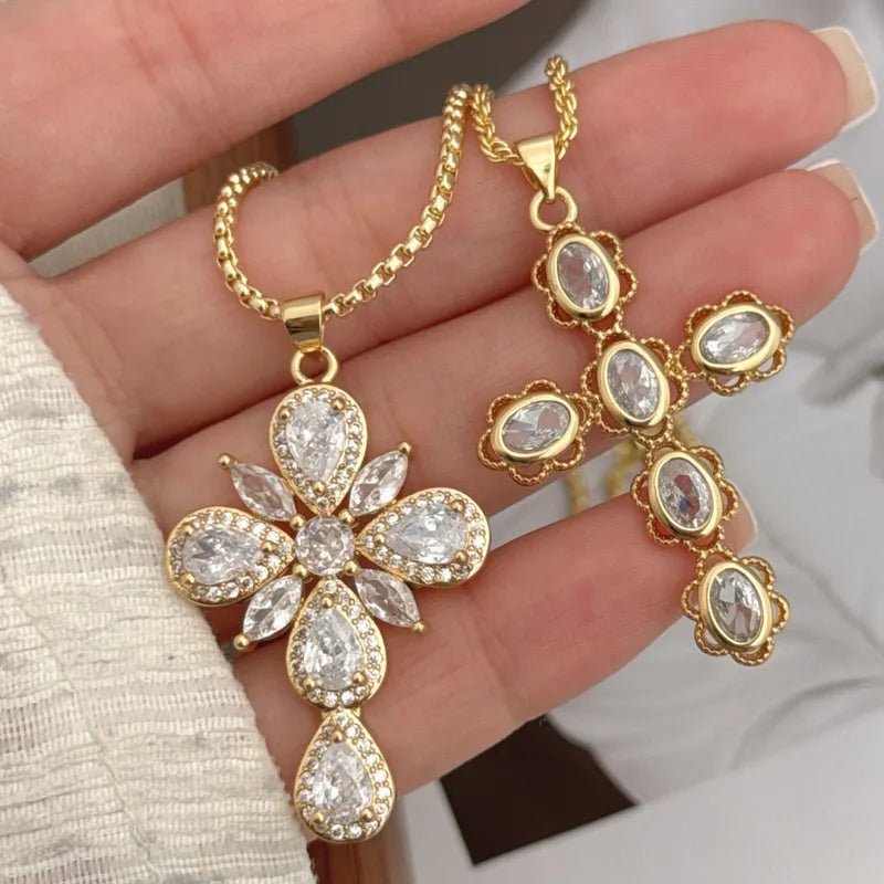 Wholesale Jewelry Religion Simple Style Classic Style Cross Copper Zircon 18K Gold Plated Pendant Necklace Box Chain Twisted Rope Chain