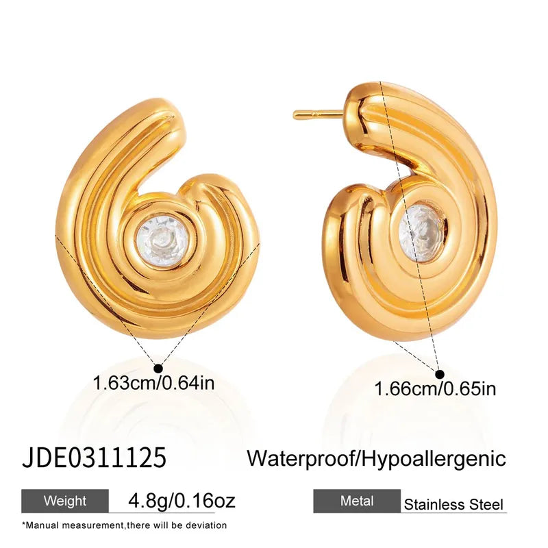 Women's Classic Style 18K Gold 304 Stainless Steel Threaded C-ring Zircon Earrings Waterproof Non-fading Vacuum Plated Geometric Ocean Style