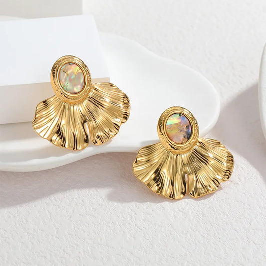 18K Gold Plated 304 Stainless Steel Vacuum Electroplating (In Furnace) 18K Gold Ginkgo Leaf Texture 3D Oval Earrings Trendy Earrings For Women