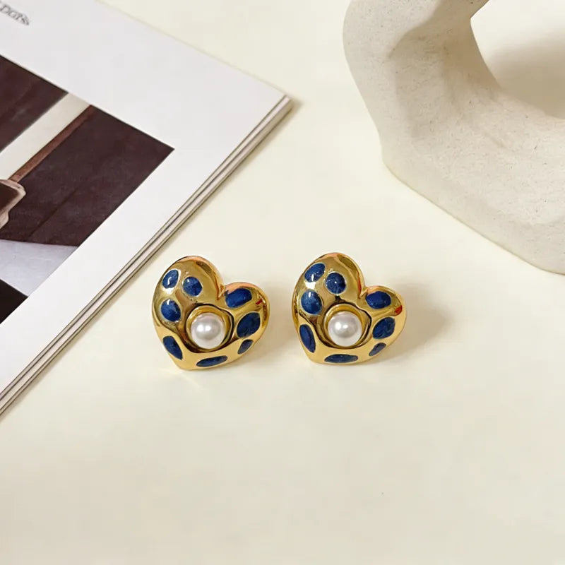 18K Gold Plated 304 Stainless Steel Vacuum Electroplating (In Furnace) Artificial Pearl Heart-shaped Hypoallergenic Earrings For Women