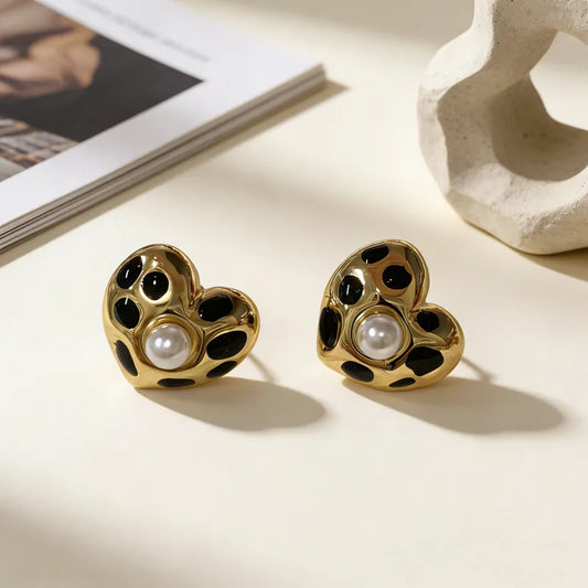 18K Gold Plated 304 Stainless Steel Vacuum Electroplating (In Furnace) Artificial Pearl Heart-shaped Hypoallergenic Earrings For Women