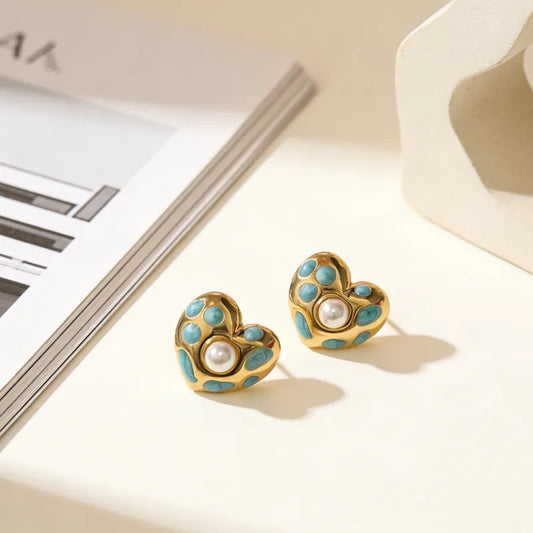 18K Gold Plated 304 Stainless Steel Vacuum Electroplating (In Furnace) Artificial Pearl Heart-shaped Hypoallergenic Earrings For Women