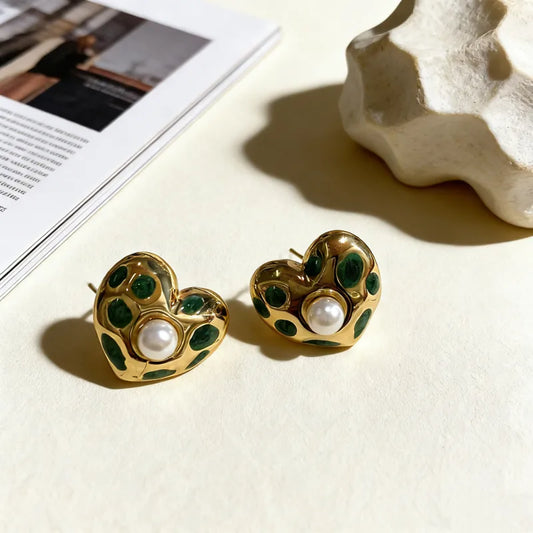 18K Gold Plated 304 Stainless Steel Vacuum Electroplating (In Furnace) Artificial Pearl Heart-shaped Hypoallergenic Earrings For Women