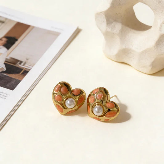 18K Gold Plated 304 Stainless Steel Vacuum Electroplating (In Furnace) Artificial Pearl Heart-shaped Hypoallergenic Earrings For Women