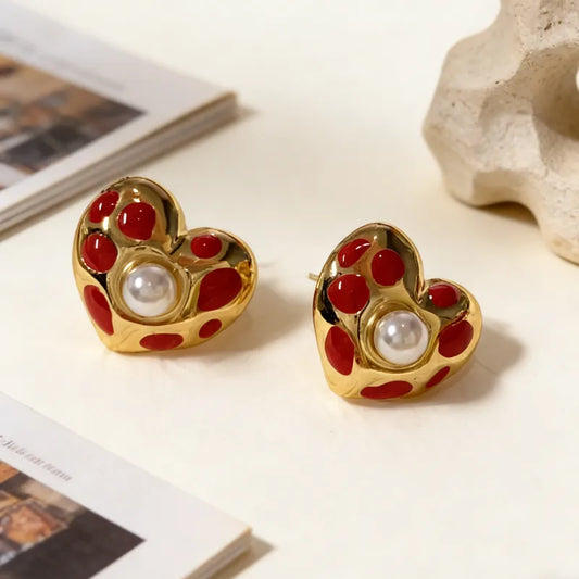 18K Gold Plated 304 Stainless Steel Vacuum Electroplating (In Furnace) Artificial Pearl Heart-shaped Hypoallergenic Earrings For Women