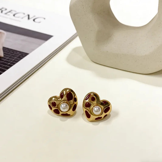 18K Gold Plated 304 Stainless Steel Vacuum Electroplating (In Furnace) Artificial Pearl Heart-shaped Hypoallergenic Earrings For Women