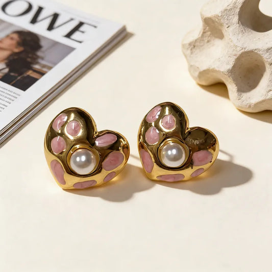 18K Gold Plated 304 Stainless Steel Vacuum Electroplating (In Furnace) Artificial Pearl Heart-shaped Hypoallergenic Earrings For Women