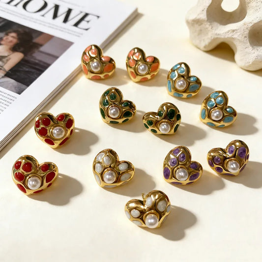 18K Gold Plated 304 Stainless Steel Vacuum Electroplating (In Furnace) Artificial Pearl Heart-shaped Hypoallergenic Earrings For Women