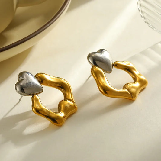 18K Gold Plated 304 Stainless Steel Vacuum Electroplating (In Furnace) Heart Shape Mixed Color (Jewelry Metal Contrast Color) Classic Earrings For Women Mexican Independence Day Valentine's Day