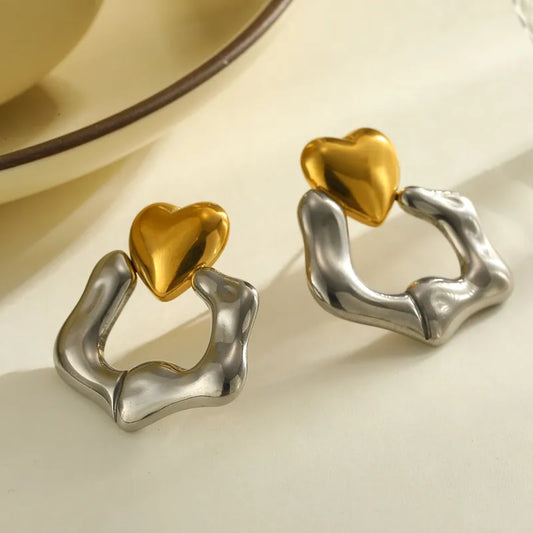 18K Gold Plated 304 Stainless Steel Vacuum Electroplating (In Furnace) Heart Shape Mixed Color (Jewelry Metal Contrast Color) Classic Earrings For Women Mexican Independence Day Valentine's Day